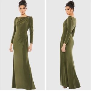 Mac Duggal 55695 Green Draped Long Sleeve Trumpet Gown Dress Olive size 12
